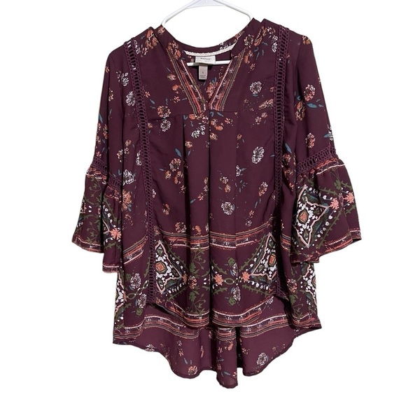 Knox Rose Size S Women's Maroon Boho Peasant Floral Top - Picture 1 of 9